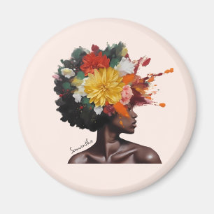 Aimant Femme afro-américaine aux cheveux noirs floraux (2