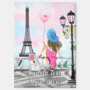 Aimant Femme dans la tour Eiffel avec texte personnalisé