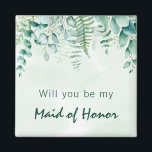 Aimant Femme d'honneur femme d'honneur eucalyptus vert<br><div class="desc">Un arrière - plan vert et blanc couleur eau. Décoré de feuillage de verdure d'eucalyptus et de fougère de bois. Avec le texte : Serez-vous ma demoiselle d'honneur ou ma servante d'honneur ?</div>