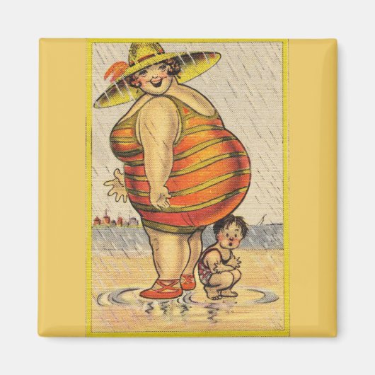 Aimant Femme drôle et grosse sur la plage (Devant)