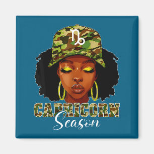 Aimant Femme noire de saison Capricorne avec chapeau camo