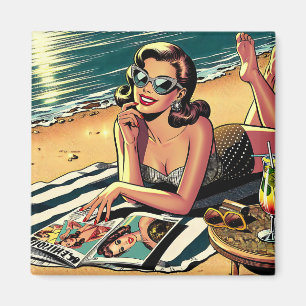 Aimant Femme rétro sur la plage lisant un magazine de mod