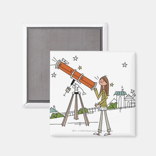 Aimant Femme utilisant un télescope astronomique (Recto/Verso)