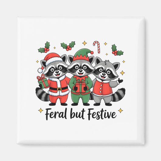 Aimant Feral But Festive Funny Christmas Cute Raccoon Elf (Devant)