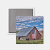Aimant Fermes | Grange rouge rustique avec drapeau améric (Recto/Verso)