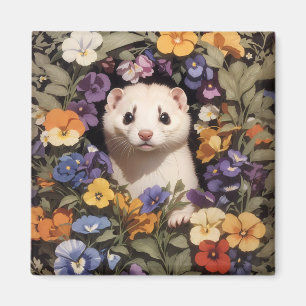 Aimant Ferret Cute Niché Dans Le Jardin De Pansies