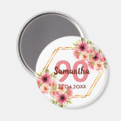 Aimant Fête d'anniversaire rose fleurs dorées géométrique (Recto/Verso)