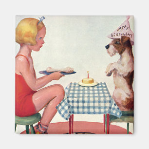 Aimant Fête d'anniversaire vintage, fille avec un chien d