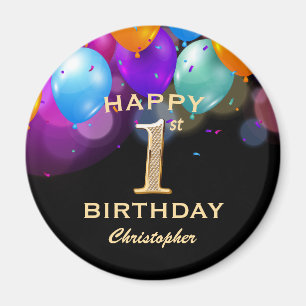 Aimant Fête du 1er anniversaire Ballons noirs et dorés