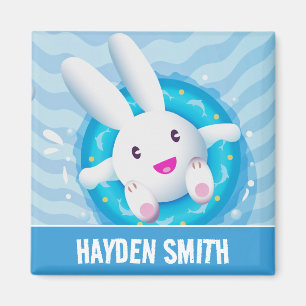 Aimant Fête personnalisée de lapin blanc mignon piscine