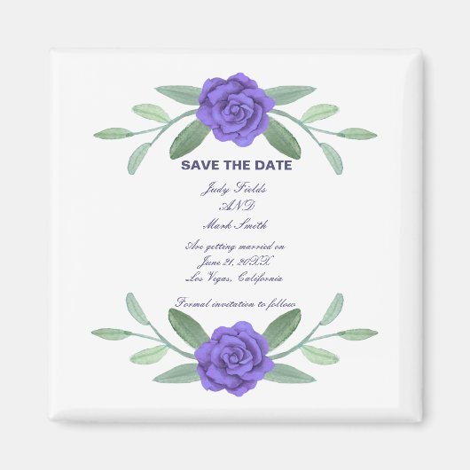 Aimant Feuillage Floral Bleu Violet Économisez La Date (Devant)