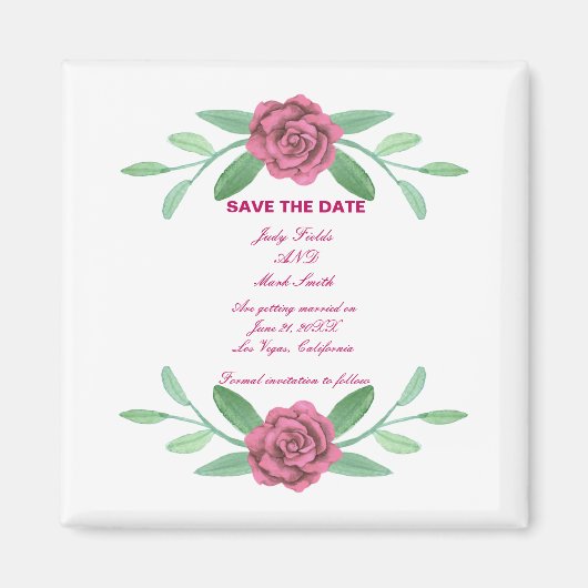 Aimant Feuillage Floral Rose Enregistrer La Date (Devant)