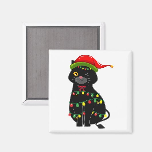 Aimant Feux de Noël de Chat Noir Carré (Recto/Verso)