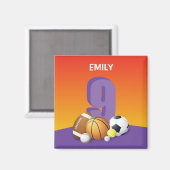 Aimant Fille 9e anniversaire des balles de sport (Recto/Verso)