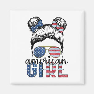 Aimant Fille américaine 4 juillet Messy Bun Drapeau améri
