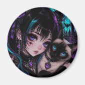 Aimant Fille Anime Emo Gothique & Chat (Devant)