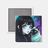 Aimant Fille Anime et Chat Siamois  (Recto/Verso)