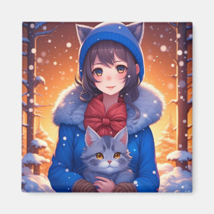 Aimant Fille Anime et un Chaton Hiver Noël