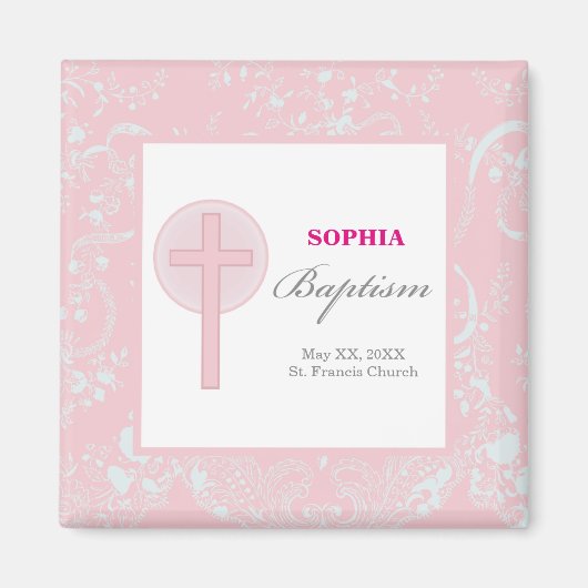 Aimant Fille au baptême avec dentelle rose (Devant)