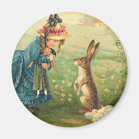 Aimant Fille avec poupée et lapin Pâques Vintages (Devant)