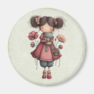 Aimant Fille avec une poupée grenouille mignonne et fanta