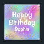 Aimant Fille colorée Joyeux Anniversaire Unicorn Parties<br><div class="desc">Un aimant coloré et personnalisé Happy Birthday avec un arrière - plan couleur arc-en-ciel unicorne,  parties scintillant dorée scintille les confettis,  et une écriture blanche audacieuse. Vous pouvez facilement ajouter le nom de votre choix et changer la couleur et la police du nom en utilisant l'option personnaliser !</div>