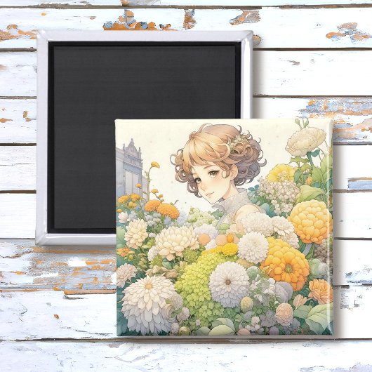 Aimant Fille d'anime dans des fleurs jaunes