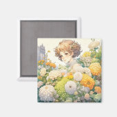 Aimant Fille d'anime dans des fleurs jaunes (Recto/Verso)