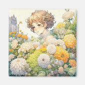 Aimant Fille d'anime dans des fleurs jaunes (Devant)
