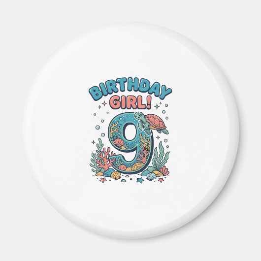 Aimant Fille d'anniversaire 9 Tortue de mer Conception ve (Devant)