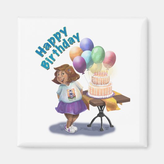 Aimant Fille d'anniversaire avec ballons et gâteau (Devant)