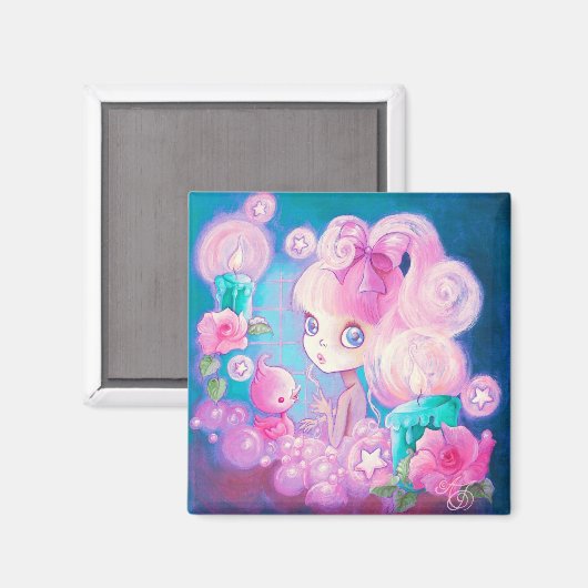 Aimant Fille dans Bain de Bubblebath avec bougies et Rose (Recto/Verso)