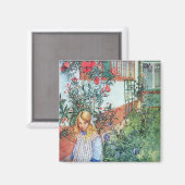 Aimant Fille dans le jardin avec des fleurs rouges (Recto/Verso)