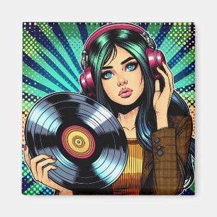 Aimant Fille de style pop art comic avec album vinyle