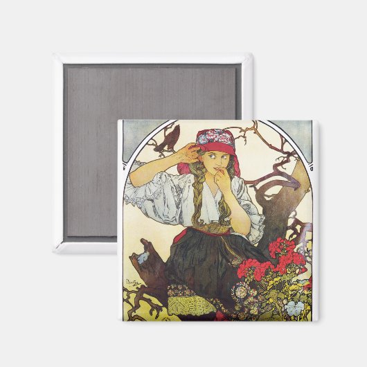 Aimant Fille et géranium, Mucha (Recto/Verso)