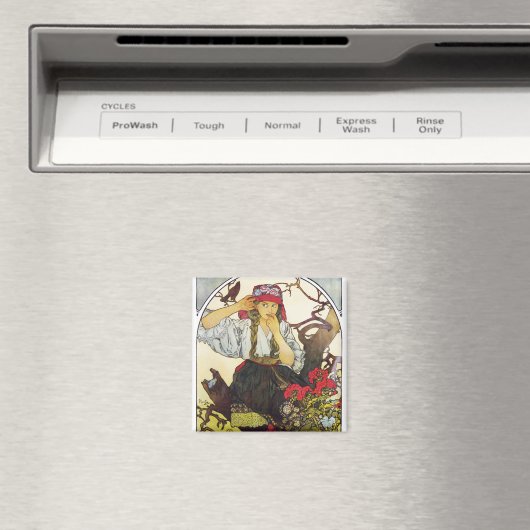 Aimant Fille et géranium, Mucha (In Situ (Lave-vaisselle))