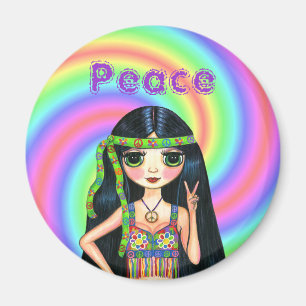 Aimant fille hippie de signe de paix des années 1960 avec