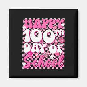 Aimant Fille joyeuse à carreaux groovy 100ème jour d'écol