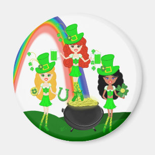 Aimant Fille Leprechauns Arc en ciel et Pot d'or