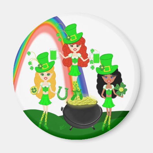Aimant Fille Leprechauns Arc en ciel et Pot d'or (Devant)