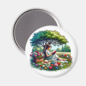 Aimant Fille lisant sous un arbre entouré de fleurs (Recto/Verso)