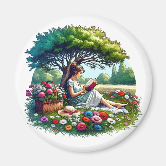 Aimant Fille lisant sous un arbre entouré de fleurs (Devant)