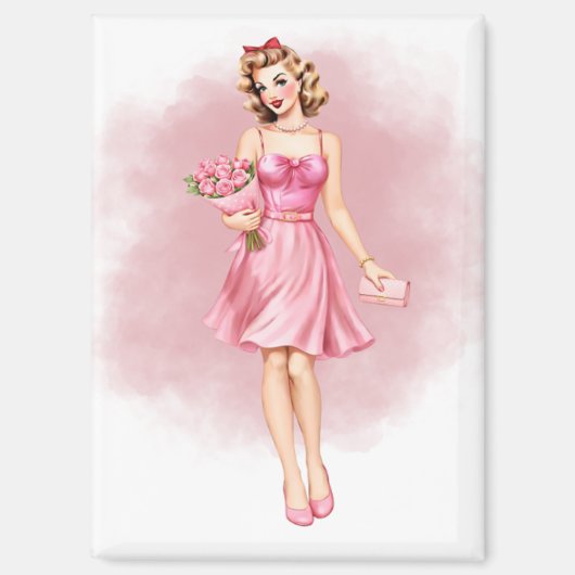Aimant Fille pin-up rose vintage (Recto)