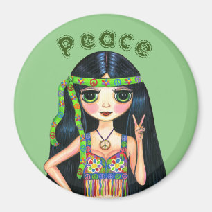 Aimant Fille Poupée Hippie des Années 60 Signe de Paix Mi