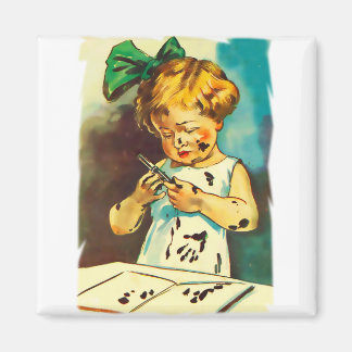 Aimant Fille souillée de peinture. dessin vintage coloré