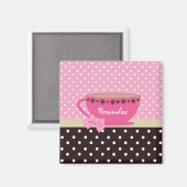 Aimant Fille Teacup rose et Brown Polka Dot Bow et nom (Recto/Verso)