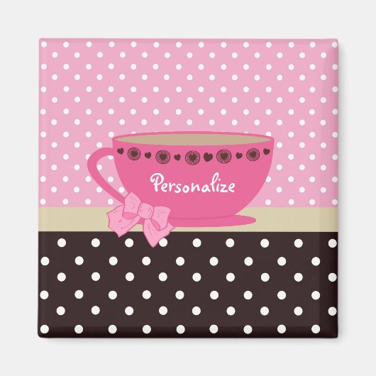 Aimant Fille Teacup rose et Brown Polka Dot Bow et nom (Devant)