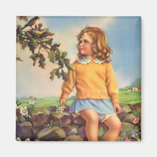 Aimant Fille Vintage regardant des oiseaux dans un arbre,