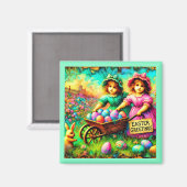 Aimant FILLES DE PÂQUES vintages ~ OEufs de Pâques ~ (Recto/Verso)