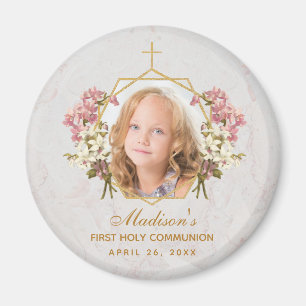Aimant First Communion Girl Photo Floral Gold Pink Orchid